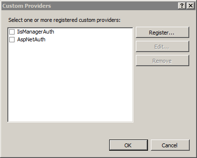 Screenshot of the Custom Providers dialog box showing the I I S Manager Authentication option.