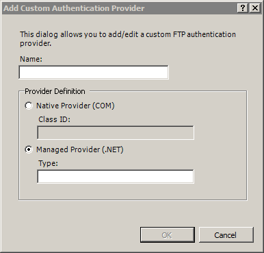 Screenshot of the Add Custom Authentication Provider dialog box, showing the Managed Provider dot NET option being selected.
