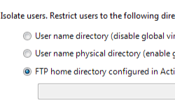 Screenshot of F T P User Isolation page showing Isolate users, Restrict users to the following directory list of options.