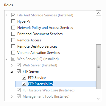 Screenshot of the Windows Server 2012 or 2012 R 2 window showing Roles. F T P Extensibility is highlighted.