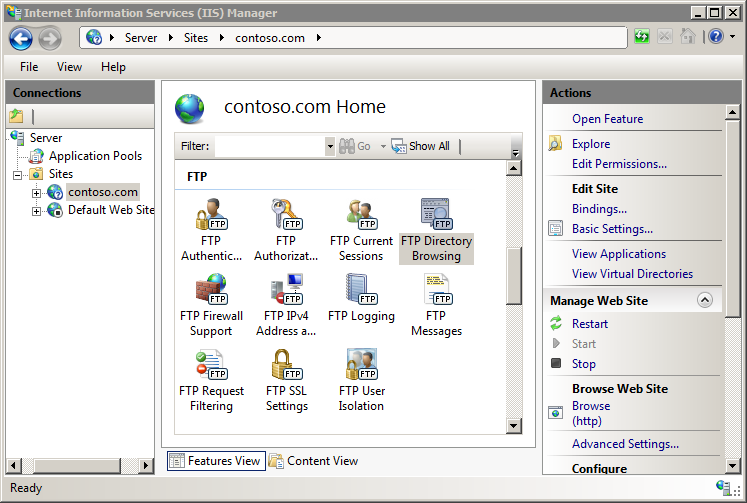Screenshot of the I I S Manager window showing the site home F T P options in the main pane. F T P Directory Browsing is highlighted.