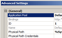 Screenshot that shows the Advanced Settings dialog box with Application Pool highlighted.