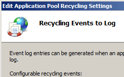 Screenshot of the Edit Application Pool Recycling Settings page. The scheduled times option is selected.