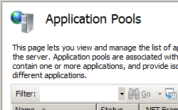 Screenshot of the Application Pools screen, showing the Filter field.