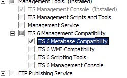 Screenshot of Management Tools pane expanded in Select Role Services page and I I S 6 Meta base Compatibility selected.