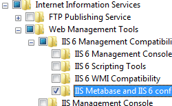 Image of Internet Information Services pane expanded with I I S Meta base and I I S 6 Configuration Compatibility highlighted.