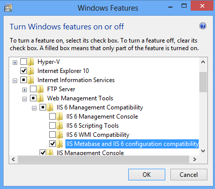 Screenshot of the Windows Features dialog box. I I S Metabase and I I S 6 configuration and compatibility is highlighted.