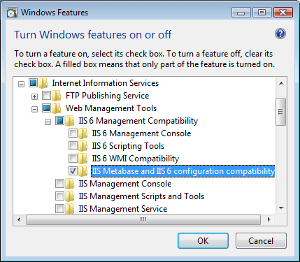 Screenshot of the Windows Features dialog box. I I S Metabase and I I S 6 configuration and compatibility is highlighted in the expanded menu.