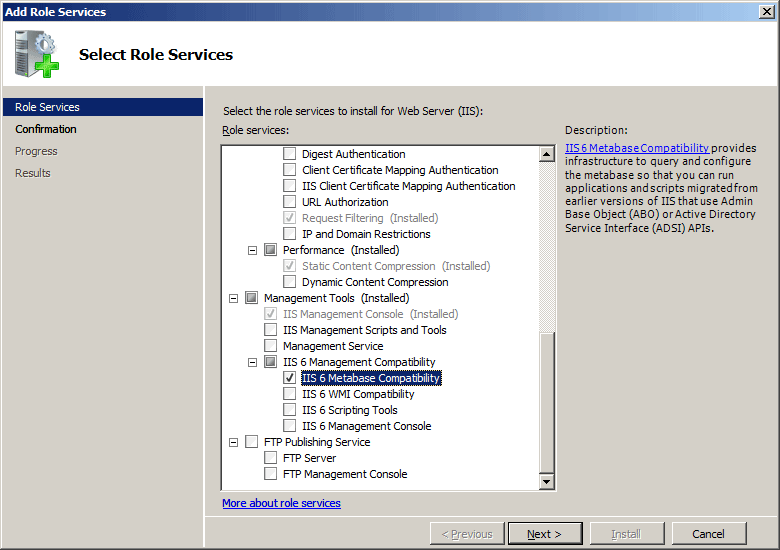 Screenshot of the Select Role Services page with the I I S 6 Metabase Compatibility option being highlighted.