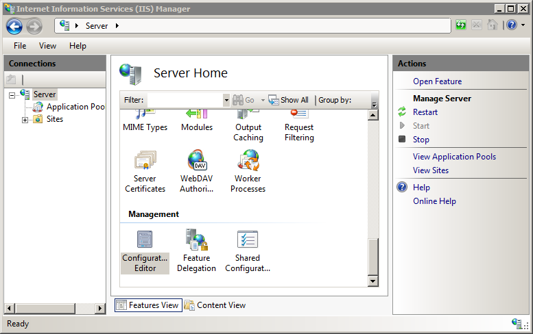 Screenshot of the Home Pane with the Configuration Editor feature highlighted.