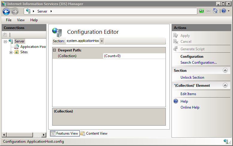 Screenshot of the Configuration Editor screen showing the Section dropdown menu.