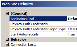 Screenshot of Web Site Defaults dialog box with Application Pool highlighted.