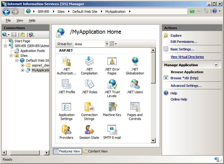 Screenshot of I I S Manager showing MyApplication Home in the main pane. View Virtual Directories is selected in the Actions Pane.