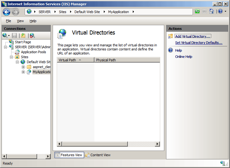 Screenshot of I I S Manager showing Virtual Directories in the main pane. Add Virtual Directory is selected in the Actions Pane.