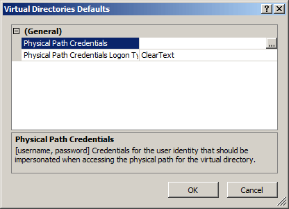 Screenshot of the Virtual Directories Defaults dialog. Physical Path Credentials is selected.