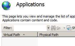 Screenshot of the Applications pane, showing the Virtual Path and Physical Path fields.