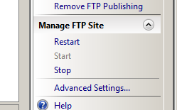 Screenshot of the Manage F T P Site section of the Actions pane.