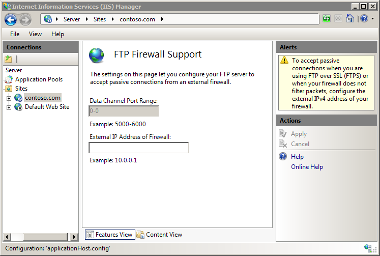 Screenshot of the F T P Firewall Support pane with the Data Channel Port Range set to a value of 0 dash 0.