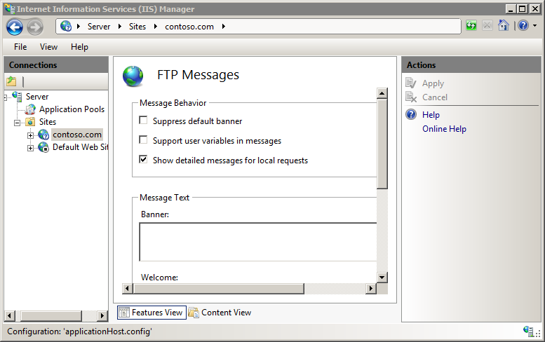 Screenshot of the Message Behavior set to Show detailed messages for local requests in the F T P Messages pane.
