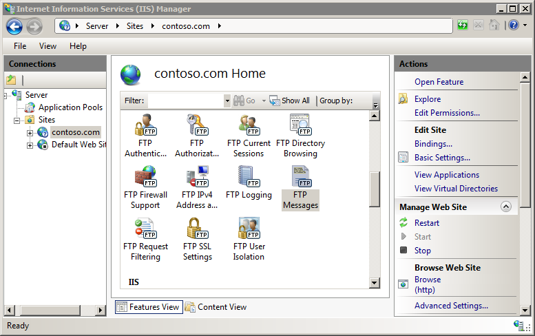Screenshot of the F T P Messages options selected in the web site Home pane.