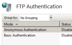 Screenshot that shows the F T P Authentication pane. Anonymous and Basic Authentication is listed under Mode.