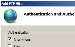 Screenshot that shows the Authentication and Authorization page for the Add F T P Site dialog box.