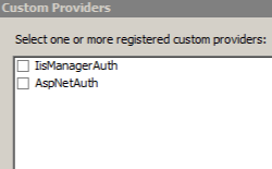 Image of Custom Providers page displaying I I S Manager Auth and A S P Net Auth options as unchecked.