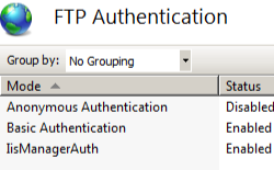 Screenshot of F T P Authentication page showing I I S Manager Authentication feature enabled.
