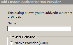 Screenshot of Add Custom Authentication Provider dialog box with fields for Name and Type for custom authentication provider.