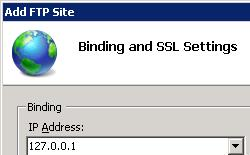 Image of Binding and S S L Settings in Add F T P Site Wizard showing I P Address chosen from drop down list.