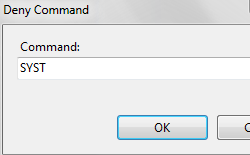 Screenshot of Deny Command dialog box with S Y S T command populating the command box.