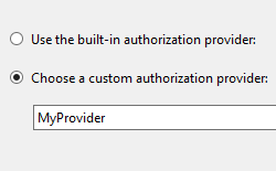 Image of Authorization Feature Settings dialog box with Choose a custom authorization provider field chosen and a custom provider selected from the list.