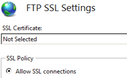 Screenshot of F T P S S L Settings page displaying the field for S S L Certificate and S S L Policy option.