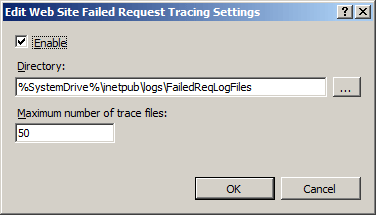 Screenshot of an enabled Failed Request Tracing Settings with a Maximum number of trace files set to 50.