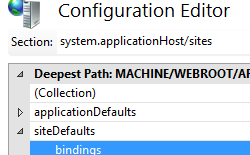 Screenshot of Site Bindings dialog box displaying Site Defaults node expanded and Bindings selected.