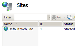 Screenshot of the Sites pane showing the Default Web Site option.