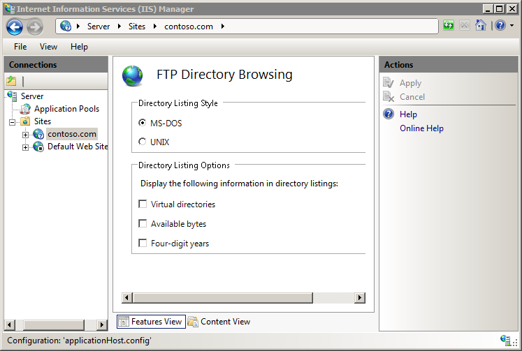 Screenshot of the I I S Manager window showing F T P Directory Browsing in the main pane.