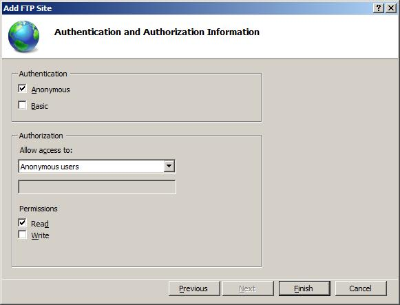 Screenshot of the specified Authentication and Authorization Information options.