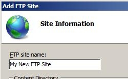 Screenshot of Site Information page showing My New Site typed in the field for F T P site name with physical path box populated with the folder path.