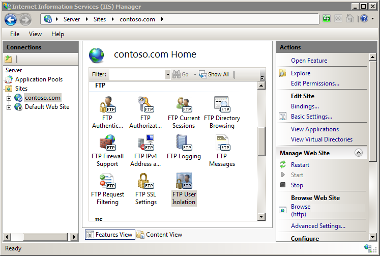 Screenshot of the I I S Manager window showing the website Home in the main pane. The F T P user isolation icon is selected.