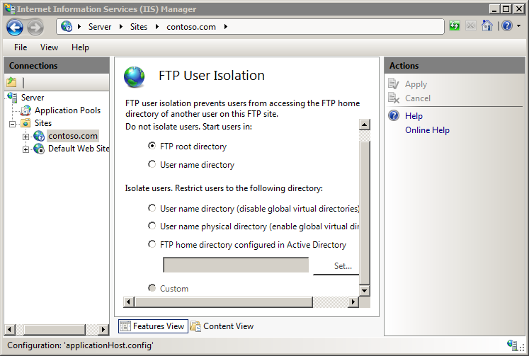 Screenshot of the I I S Manager window showing F T P user isolation in the main pane.