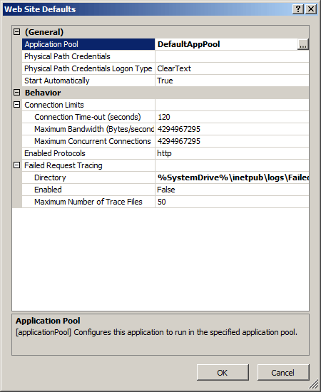 Screenshot of the Web Site Defaults dialog with General, Behavior, Connection Limits, and Failed Request Tracing options.