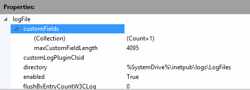 Screenshot of the custom Fields section of the log File Properties. Max Custom Field Length is set to 4095.