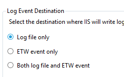 Screenshot that shows the Logging pane. Log file only is selected for Log Event Destination.
