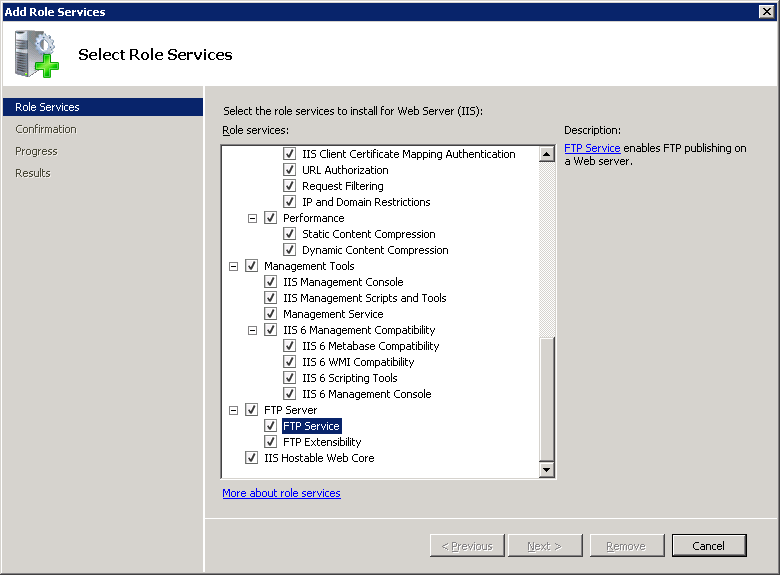 Image of Select Role Services page in Add Role Services Wizard displaying F T P Server pane expanded and F T P Service selected.