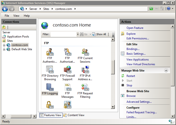 Screenshot of F T P Logging selected in the F T P section of the web site Home pane.