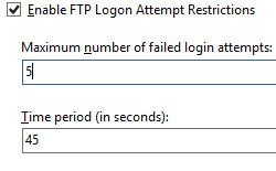 Image of Home pane displaying Enable F T P Log on Attempt Restrictions feature selected.