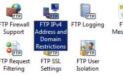 Screenshot that shows the contoso dot com Home pane, with F T P I P v 4 Address and Domain Restrictions selected.