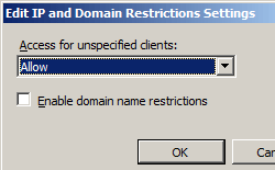 Screenshot that shows the Edit I P and Domain Restrictions Settings dialog box. Allow is selected.