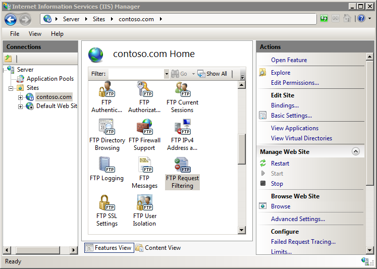 Screenshot of the I I S Manager Window displaying the Connections pane.
